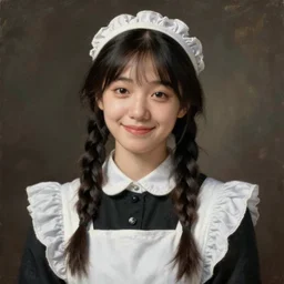 a ((sadly)) (((smiling)))) black haired, young hungarian servantmaid from the 19th century who looks very similar to (((Lee Young Ae and Lee Young Ae))) with a two french braids, detailed, soft focus, realistic oil painting by  Manet, John Everett Millais, Munkácsy, Csók István, and da Vinci