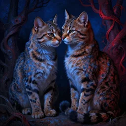 ocelots in love, in the style of leonora carrington, gottfried helnwein, intricate composition, blue light by caravaggio, insanely quality, highly detailed, masterpiece, red light, artstation
