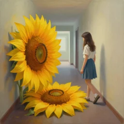 a painting of a girl walking in a hallway and suddenly finds a giant sunflower on the floor blocking her way, surrealism, artstation