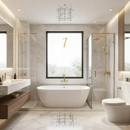 plans of a modern master bathroom with a big bathtub, open shower, sink, toilet, window gold number, proportions, symmetrical, award - winning, designer, architect, engineer, technical