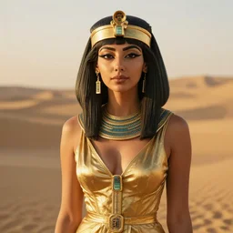portrait of egyptian queen with nice cleavage, wearing a gold dress, golden hour lighting