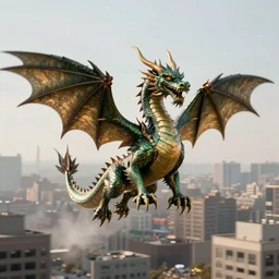 7 headed dragon flying in a city