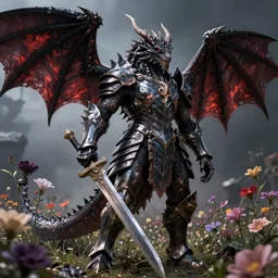 hyperrealistic neo - gothic cinematic armored dragon holding sword in a field of flowers, highly detailed smooth digital art masterpiece, vitaly bulgarov dramatic low light, ground angle uhd 8 k, sharp focus