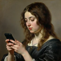 portrait of a gorgeous woman holding her smartphone!! oil painting by joseph ducreux, 1 7 th century, art, oil on canvas, wet - on - wet technique, highly realistic, expressive emotions, intricate textures, illusionistic detail, 4 k
