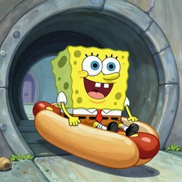 real life SpongeBob SquarePants riding a large hotdog in to a tunnel, hype-realistic, movie scene