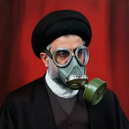 detailed 6 0 0 mm realistic photography of iranian ayatollah, black turban, gas mask, black suit, black red flag background, nuances of the human face and subtle shifts in tonal value, silhouette composition, neutral, cool - toned palette, fluid patterns, powerful composition, opaque paints, charismatic, elegant.