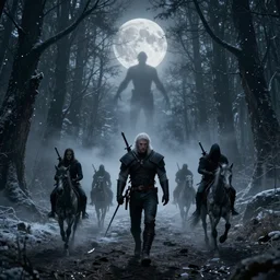 the wild hunt, ghost riders in the full moon, skeletal shadow creatures, lurking enchanted forest, blizzard, mist, treacherous road, uneasy atmosphere, from the witcher, cinematic, arnold gpu, octane workflow, 8 k, unreal 5, hyperrealist, ultra detailed, cohesive composition, intricate digital art, volumetric lighting, trending artstation, dark fantasy