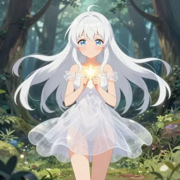 full body cute bombshell anime waifu woman with white floating hair, transparent white magical girl dress. holding tiny glowing star. isekai enchanted forest, symmetrical face. symmetrical detailed defined eyes. beautiful lineart. pixiv # 1 ranking depth of focus, chromatic aberration, noise, soft lighting, srgb, 4 k, by rembrant, kuvshinov, and ross tran