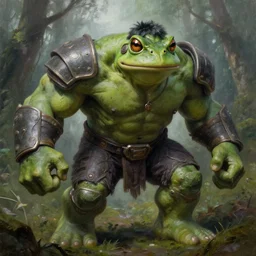 macro medium shot, rugged anthropomorphic muscular!!!!!!!!! oversized!!!!!!!! hulked!!!! frog as oversized green armored barbarian armored hunter wearing war sci - fi armor in deep forest, foggy, oil painting by frazetta by greg rutkowski by frazetta by greg rutkowski by rembrandt by louie travis