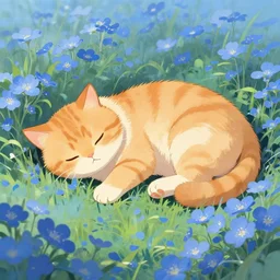 fluffy orange cat sleeping in a field of blue flowers, matte painting, digital illustration, concept art, by makoto shinkai and ruan jia