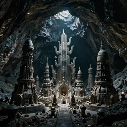 Gigantic structures found in the depths of an enormous dark cave. Wide shot, cinematic, 4k