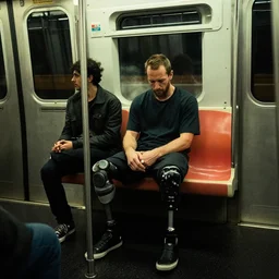 tony hawk with his legs amputated on a subway train, photograph, saturated colors, emotional lighting, moody shadows, 4 k