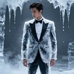 photography of an elegant man wearing a tuxedo suit made of melting ice and light