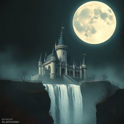 a painting of a dreadful white moon over a castle with a waterfall in front of it. digital painting, vertical, intricate, beautiful, detailed, grunge, sharp focus, abstract art by el lissitzky and artgerm and kandinsky and kuvshinv, trending on artstation. gradient darker to bottom