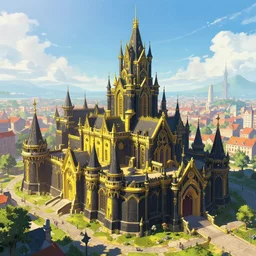 A digital concept art painting of a black and yellow renacentis fantasy european castle in a city renacentis, ,sunny day, 4K UHD image, unreal engine, Graphic Novel, Visual Novel, professional lighting,deviantart,artstation, vibrant colors, 8k photorealistic, HD, high details,solarpunk