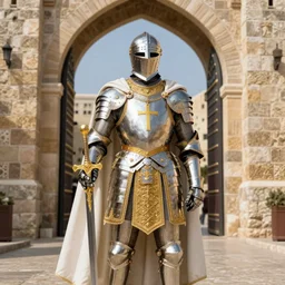 man in decorated with gold in baroque style crusader armor, helmet and white cape with cross on it holding decorated with gold sword on it standing at the gates of jerusalem drawn by greg rutkowski realistic high detail