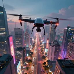 3 vfx - caricature - art of flying drones above a bustling - neon lit - city of jakarta, cinestill 8 0 0 t photograph, unreal engine render, digital illustration, illustration style by mike winkelmann, sharp, intricate detail, volumetric light, ray tracing, soft light, colourful, surreal environment, wide angle first person view