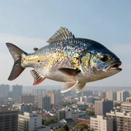 very very intricate photorealistic photo of a massive fish flying above a city, photo is in focus with detailed natural lighting, award - winning crisp details
