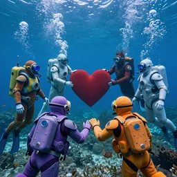 love, diverse underwater cybersuits, from behind, deep water, connection rituals, wide wide angle, vivid, elaborate, highly detailed, beautiful lighting
