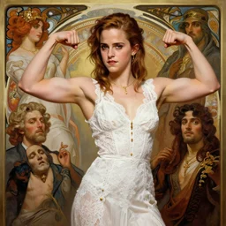 emma watson, flexing large bodybuilder muscles, white lace clothing, gold accessories, elegant, highly detailed, digital painting, matte, sharp focus, art by artgerm, greg rutkowski, alphonse mucha, frank frzetta, boris vallejo, bouguereau, beksinski, cinematic