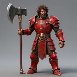 male warrior, blood red armor, giant axe, messy curly hair, unkempt beard, dark brown skin, ready to fight, realistic, character select portrait, by artgerm, greg rutkowski, alphonse mucha, 3 d