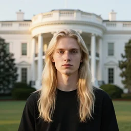 a pale young man with really long blond hair in front of the white house, high quality, portrait photography, golden hour