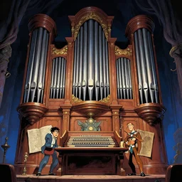 photo cartoon illustration comics manga painting of pipe organ : 6 fantasy environement, digital painting, unreal engine, 8 k, volumetric lighting, contrast by john kirby by carl warner and jim woodring, trending on artstation