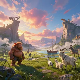 fantasy landscape, trolls, goats and boats light fanciful bright colorful sky