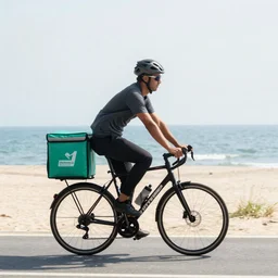 deliveroo rider on a bike riding on a beach