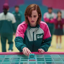 Still of Emma Watson playing The Glass Tile Game in Squid Game