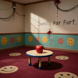 the level's floor is colored maroon and has a playground pattern, a table with a macintosh and the walls have a funtime pattern and a smiler, and this level smells like fart, writing on the wall, wires, blood on the wall