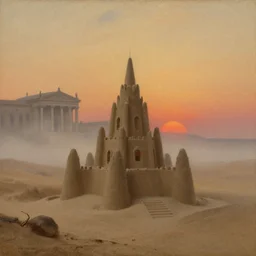 Landscape painting of a sand castle in a foggy desert in the evening. Neo-classical architecture. The sun sets. Warm colors. Dark bright effect. An oil painting by Jean-Auguste-Dominique Ingres. Very detailed drawing, with a deep sense of composition. The style of the painting is delicate and slightly drawn.