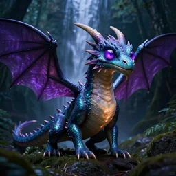 brightly lit fairy dragon in a dim dark forest waterfall purple big fly eyes 4 k raytracing high definition detailed artstation realistic trending dramatic lighting