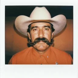 polaroid photograph of cowboy sherrif resembling yosemite sam with huge hat, huge mustache, orange colors