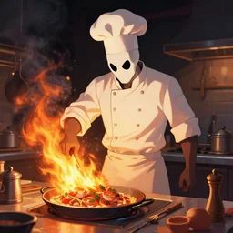 chef ghost rider cooking food with his fire, digital art