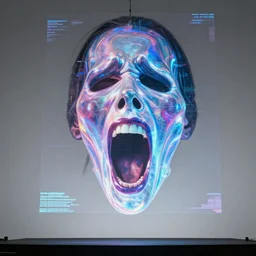 a large digital hologram of a screaming face suspended in the air, photography by fred palacio medium full shot still from bladerunner 2 0 4 9, sci fi, bladerunner, canon eos r 3, f / 3, iso 2 0 0, 1 / 1 6 0 s, 8 k, raw, unedited