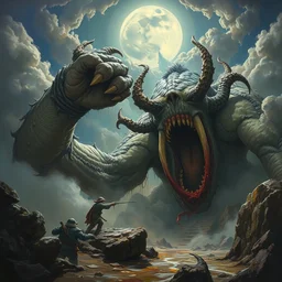 concept art of giant ogres, lovecraftian, cyclops, lots of teeth, melting horror, round moon, rich clouds, fighting the horrors of the unknown, mirrors, very detailed, volumetric light, mist, grim, fine art, decaying, textured oil over canvas, epic fantasy art, very colorful, ornate, anato finnstark