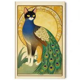 vintage art deco animal poster depicting a half cat half peacock hybrid, by bridget riley, by alphonse mucha
