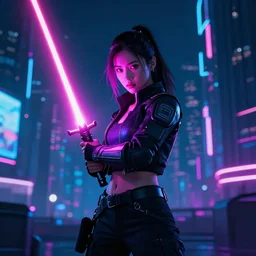 a girl with a lightsaber in a neon cyberpunk city at night, art station, digital art, cinematic