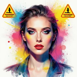 digital art portrait, rule of thirds, face symmetry, colourful spray paint splatters, health and safety decals, fashion portrait, studio lightning, by francoise nielly