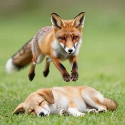 fox jumping over a cute sleeping dog