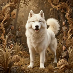 white alaskan husky creature in a alaskan lush vegetation, warm tones : by michal karcz, guillermo del toro, daniel merriam, victo ngai and : ornate, dynamic, particulate, intricate, elegant, highly detailed, centered, artstation, smooth, sharp focus, octane render