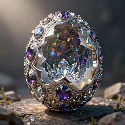 a cracked geode Faberge egg with gems and silver, crystals, detailed, unreal engine, octane render, hyperrealistic