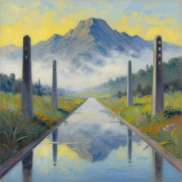 a landscape pastel in the style of noriyoshi ohrai of a reflective path leading to some misty mountains in the background. along the path stands pillars. key art. 4 k retrofuturistic fantasy