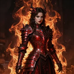 Gothic princess in dark and red dragon armor. By Konstantin Razumov, Fractal flame, chiaroscuro, highly detailded