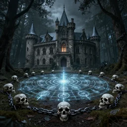 european castle, dark forest, taboo skulls and chains, shimmering seal array, gothic