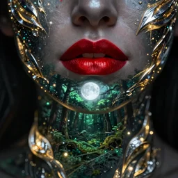glowing silver and golden elements, full close-up portrait, dark witch from shutterstock, book cover, green forest, white moon, red lips, establishing shot, extremly high detail, photo-realistic, cinematic lighting, pen and ink, intricate line drawings, by Yoshitaka Amano, Ruan Jia, Kentaro Miura, Artgerm, post processed, concept art, artstation, matte painting, style by eddie mendoza, raphael lacoste, alex ross