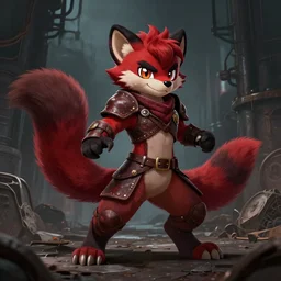 * tail * a handsome weasel bandit furry red - and - black male fursona animal character, leather armor, smirking, mid - action pose on a gritty industrial background by peder balke, dark industrial fantasy, furry art, deviantart contest winner, tumblr contest winner, fursona has a ^ tail * tail *