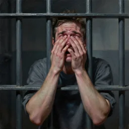 Alex Jones crying in a prison cell, dark, dramatic lighting, oil painting, 4K
