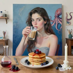“ sensual, a portrait in a female art student ’ s apartment, pancakes, woman drinking an iced latte from a painting, berries, octopus, scientific glassware, art supplies, a candle dripping white wax, berry juice drips, neo - expressionism, surrealism, acrylic and spray paint and oilstick on canvas ”